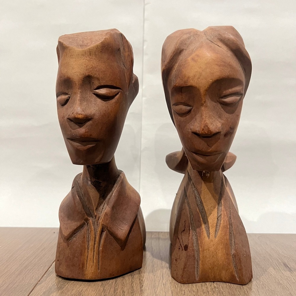 VTG Pair of Hand-Carved East Asian-Style Wood Busts | Mahogany / Teak